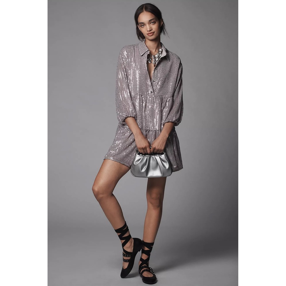 Maeve Bettina Sequin Tiered Mini Shirtdress Mauve Silver Long Sleeve Babydoll‎ M